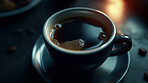 Closeup, americano and drink on coffee shop, cafe and restaurant table for weekend, break and rest with winter hot drink. Ai generated, cup or mug with warm liquid, beverage and espresso drinks mockup