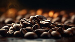 Closeup, coffee beans and table in cafe and restaurant for service industry, local small business and drinks brew. Ai generated, cuban and arabica caffeine bean on countertop and desk