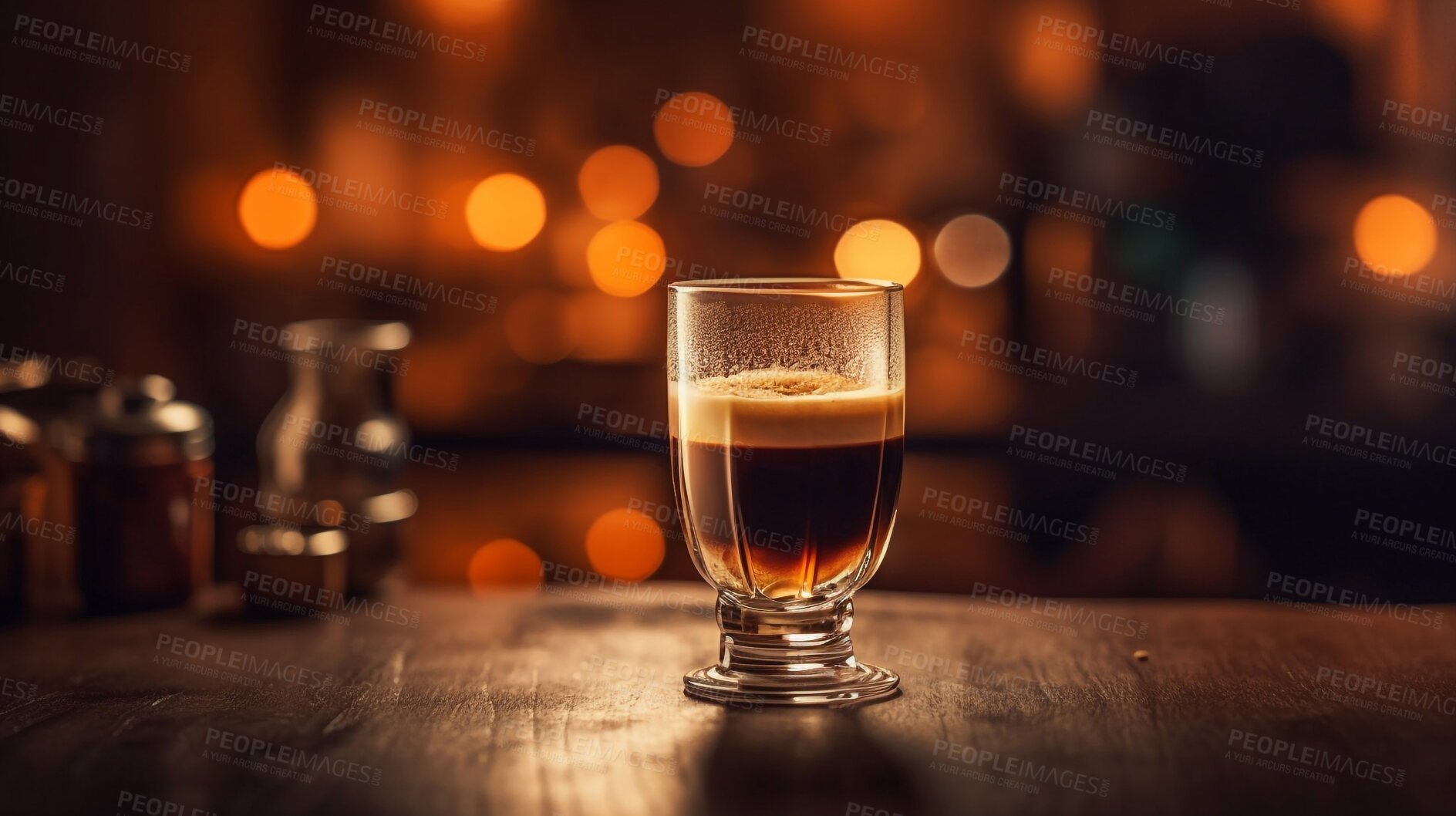 Buy stock photo Closeup, irish coffee or drink on cafe and restaurant table for weekend, break or rest with winter hot drink. Ai generated, cup or mug with warm liquid, beverage and espresso drinks on mockup