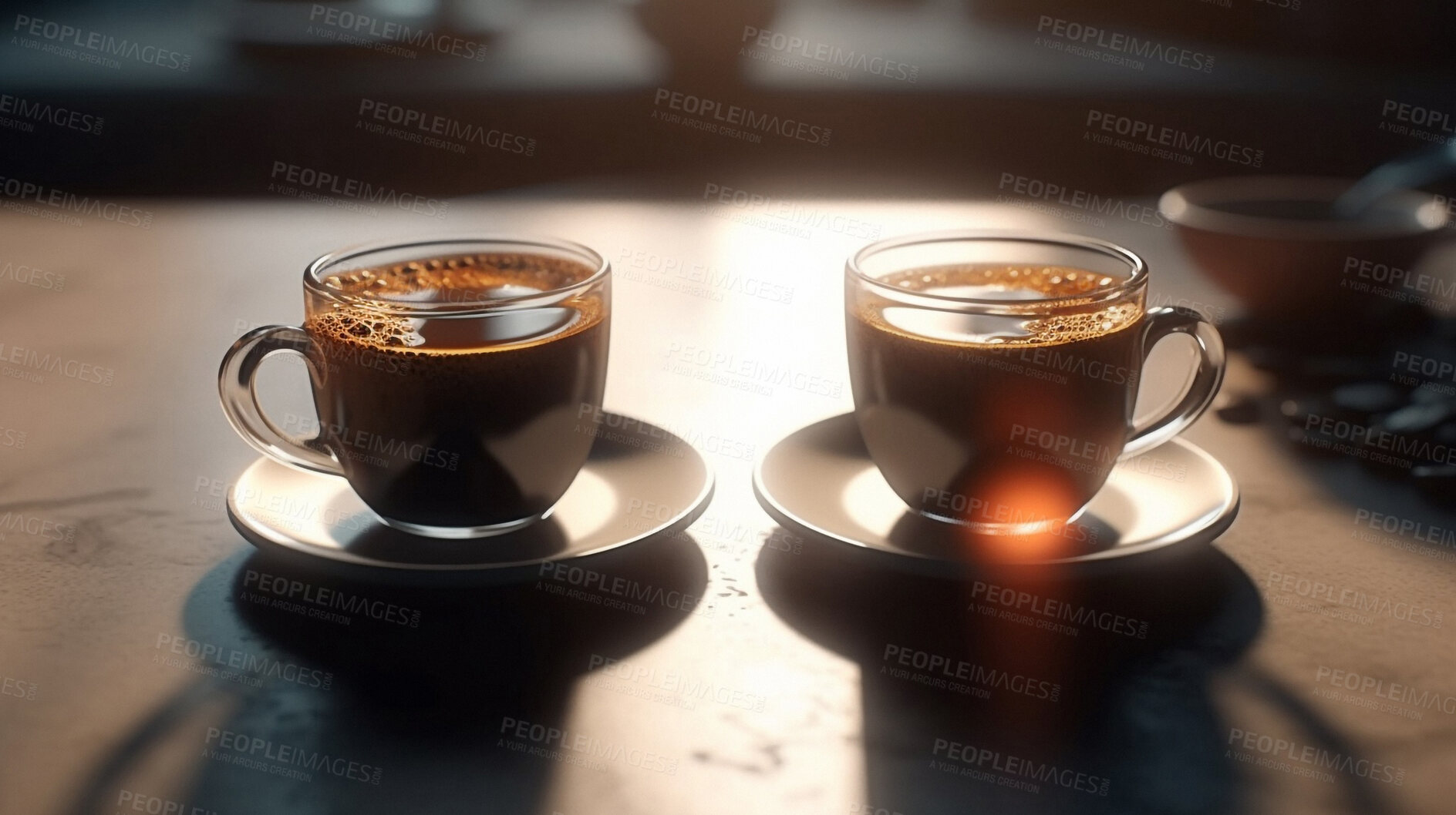 Buy stock photo Closeup, espresso and drink on coffee shop, cafe and restaurant table for weekend, break and rest with winter hot drink. Ai generated, cup or mug with warm liquid, beverage and caffeine drinks mockup