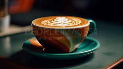 Buy stock photo Closeup, cappuccino and drink on coffee shop, cafe and restaurant table for a weekend, break and rest with winter hot drink. Ai generated, cup and mug with warm liquid, beverage and espresso drinks