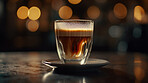 Closeup, macchiato or drink on coffee shop, cafe and restaurant table for weekend, break or rest with winter hot drink. Ai generated, cup or mug with warm liquid, beverage and espresso drinks mockup