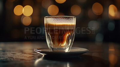 Buy stock photo Closeup, macchiato or drink on coffee shop, cafe and restaurant table for weekend, break or rest with winter hot drink. Ai generated, cup or mug with warm liquid, beverage and espresso drinks mockup