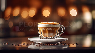 Closeup, mocha or drink on coffee shop, cafe and restaurant table for weekend, break or rest with winter hot drink. Ai generated, cup or mug with warm liquid, beverage and espresso drinks mockup