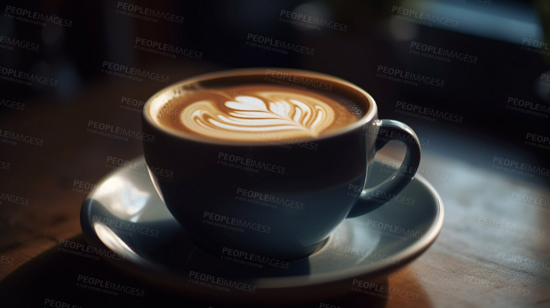 Buy stock photo Closeup, cappuccino or drink on coffee shop, cafe and restaurant table for weekend, break or rest with winter hot drink. Ai generated, cup or mug with warm liquid, beverage and espresso drinks mockup