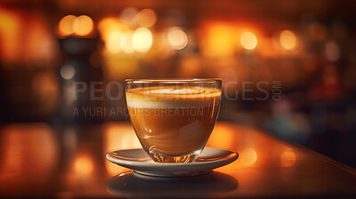 Buy stock photo Closeup, latte and drink on coffee shop, cafe and restaurant table for weekend, break and rest with winter hot drink. Ai generated, cup or mug with warm liquid, beverage and espresso drinks mockup