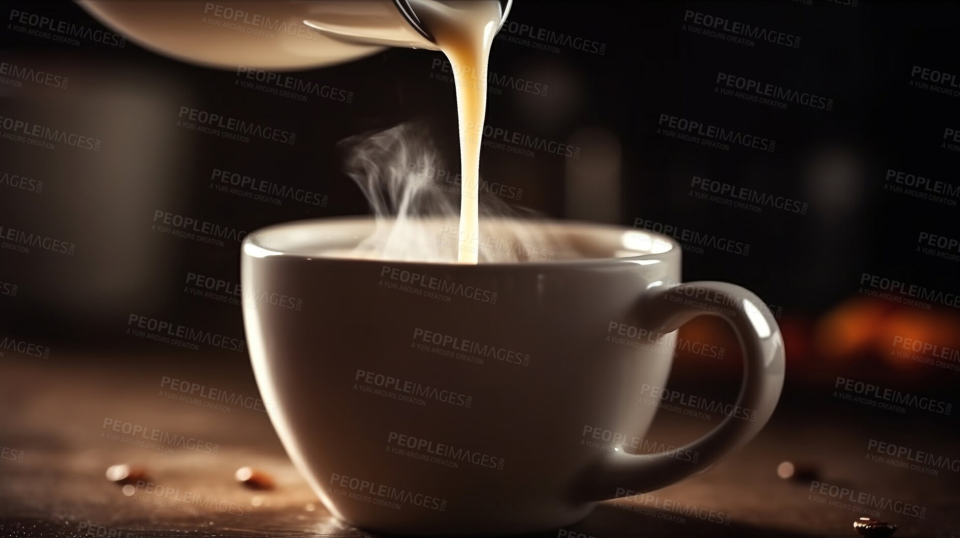 Buy stock photo Closeup, pouring and cappuccino on coffee shop, cafe and restaurant table for weekend, break and rest with winter hot drink. Ai generated, cup and mug with warm liquid, beverage and espresso drinks