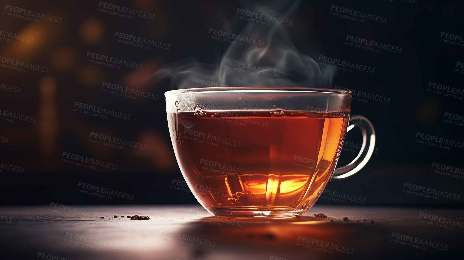 Buy stock photo Closeup, rooibos and tea in coffee shop, cafe and restaurant for weekend, break and rest with winter hot drink. Ai generated, cup and mug with warm liquid, beverage and organic drink mock up