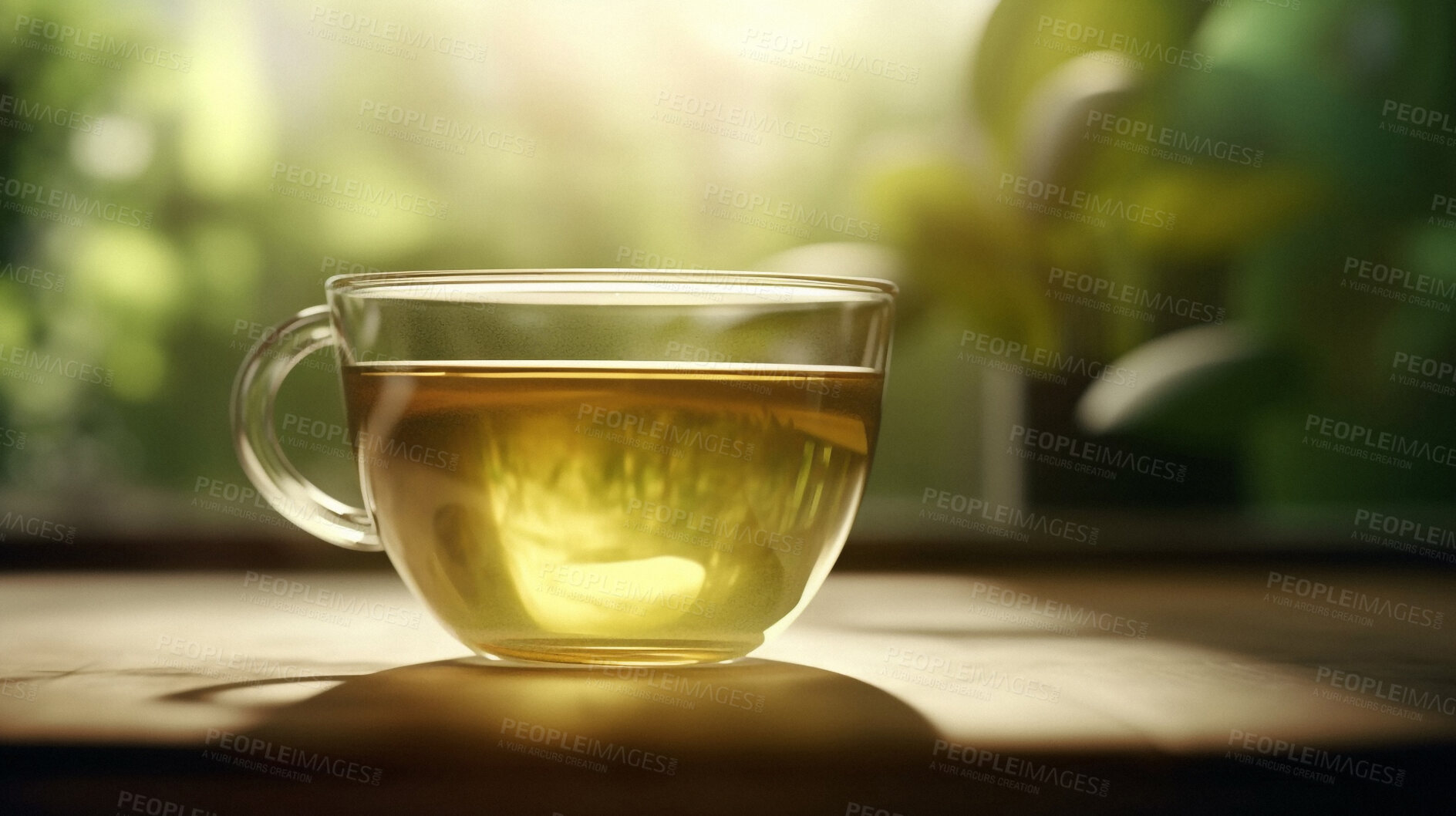 Buy stock photo Closeup, pepermint and tea in coffee shop, cafe and restaurant for weekend, break and rest with winter hot drink. Ai generated, cup and mug with warm liquid, beverage and organic drink mock up