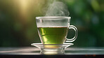 Closeup, green tea and beverage in coffee shop, cafe and restaurant for weekend, break and rest with winter hot drink. Ai generated, cup and mug with warm liquid, detox and organic drink mock up