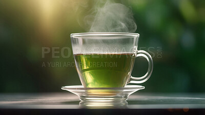 Buy stock photo Closeup, green tea and beverage in coffee shop, cafe and restaurant for weekend, break and rest with winter hot drink. Ai generated, cup and mug with warm liquid, detox and organic drink mock up