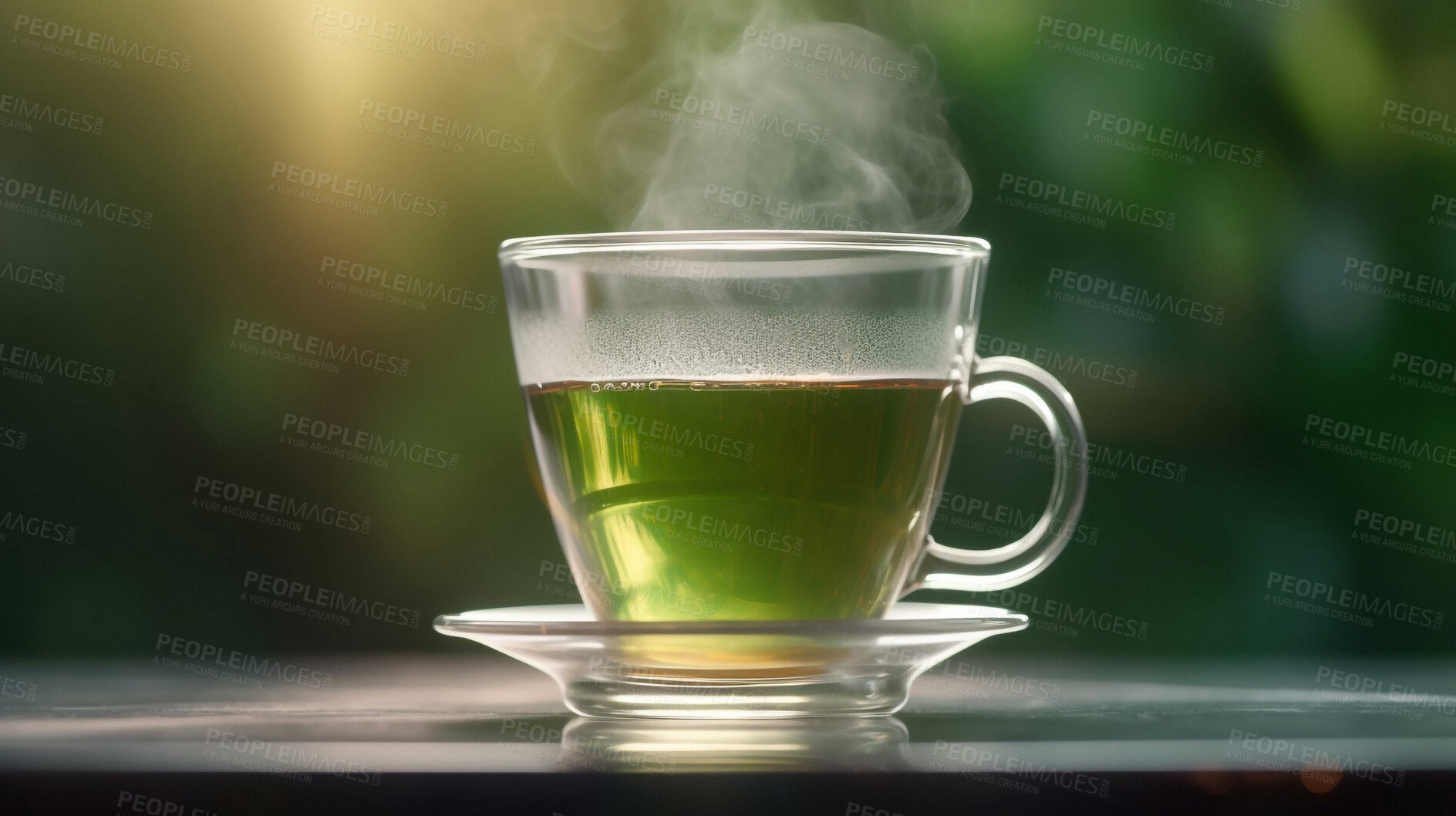 Buy stock photo Closeup, green tea and beverage in coffee shop, cafe and restaurant for weekend, break and rest with winter hot drink. Ai generated, cup and mug with warm liquid, detox and organic drink mock up