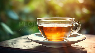 Buy stock photo Closeup, chamomile and tea in coffee shop, cafe and restaurant for weekend, break and rest with winter hot drink. Ai generated, cup and mug with warm liquid, beverage and organic drink mock up