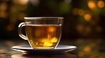 Closeup, herbal and tea in coffee shop, cafe and restaurant for weekend, break and rest with winter hot drink. Ai generated, cup and mug with warm liquid, beverage and organic drink mock up