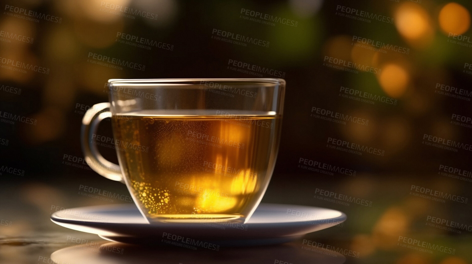 Buy stock photo Closeup, herbal and tea in coffee shop, cafe and restaurant for weekend, break and rest with winter hot drink. Ai generated, cup and mug with warm liquid, beverage and organic drink mock up