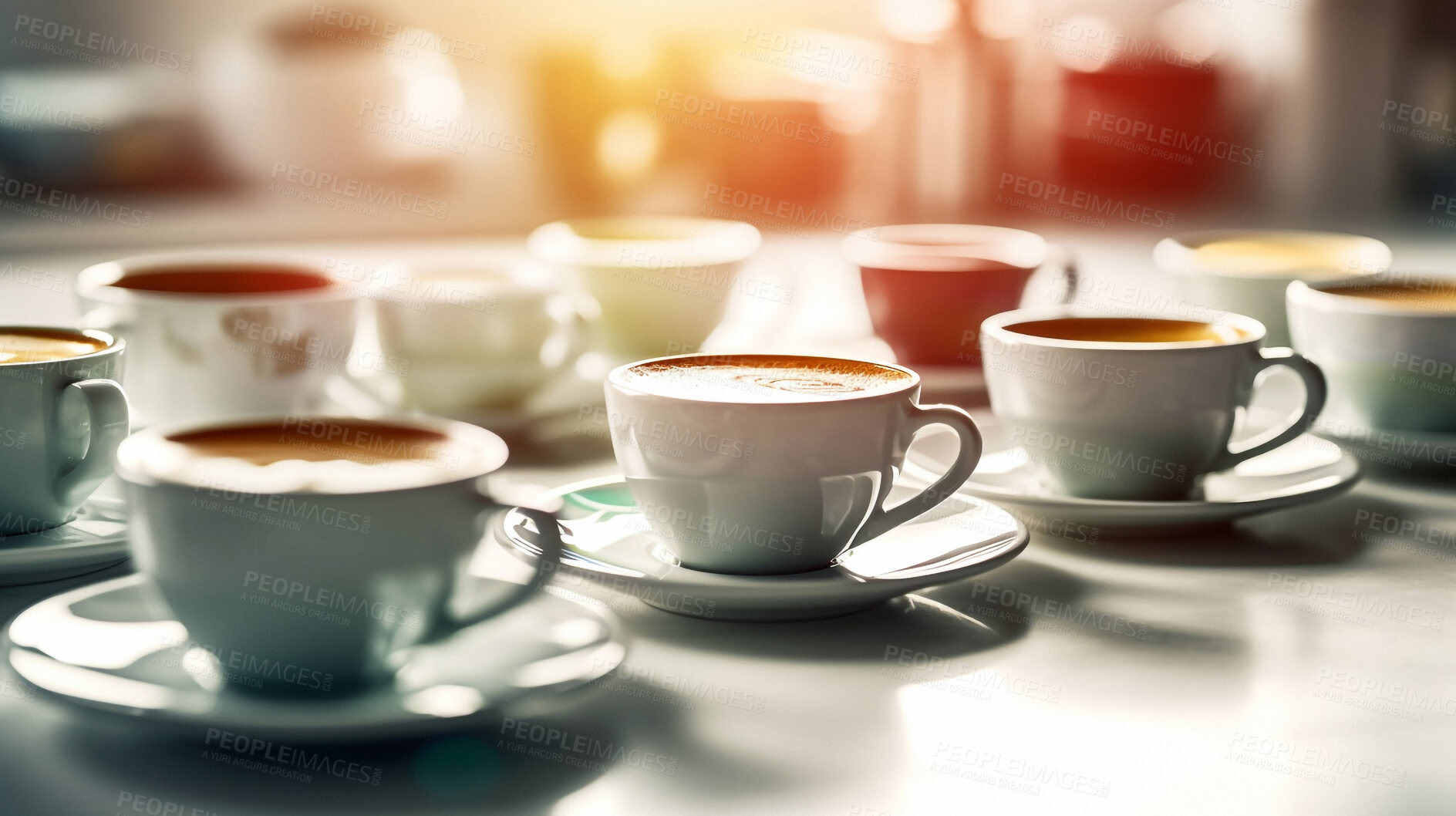 Buy stock photo Closeup, espresso and coffee cups group in cafe and restaurant for weekend, break and rest with winter hot drink. Ai generated, cup and mug with warm liquid and beverage for morning routine