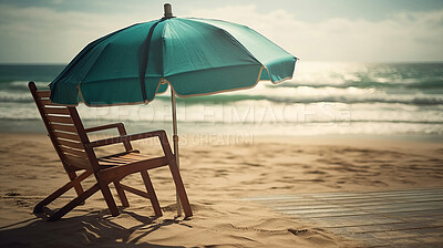 Buy stock photo Sunset, shadow and chair with umbrella at beach for relaxing, summer trip and vacation. Holiday, shade and calm with parasol and lounge in sand on coastline for tourism, ai generated or adventure