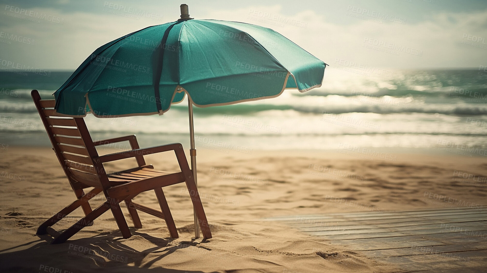 Buy stock photo Sunset, shadow and chair with umbrella at beach for relaxing, summer trip and vacation. Holiday, shade and calm with parasol and lounge in sand on coastline for tourism, ai generated or adventure