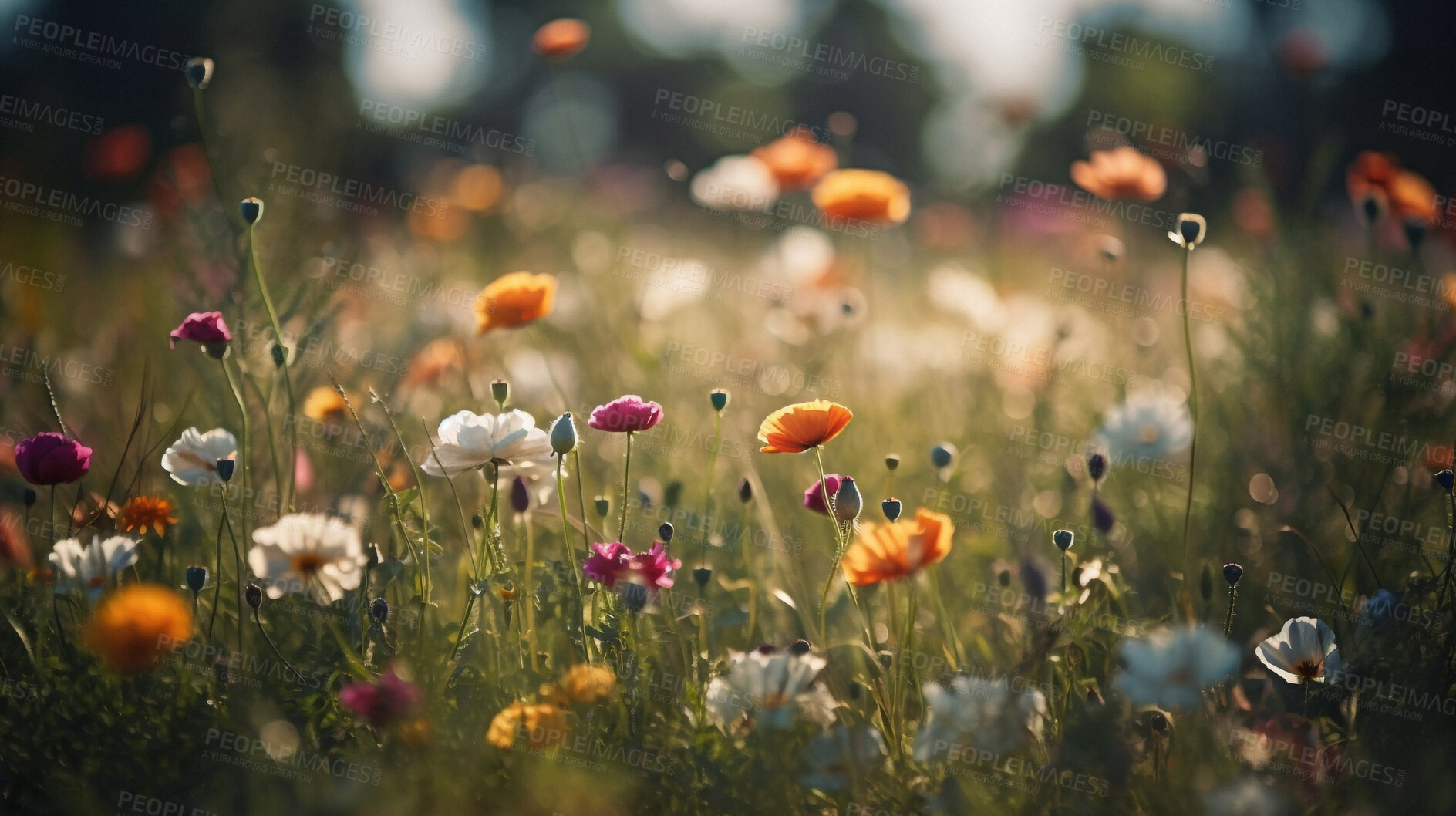 Buy stock photo Grass, spring and field of flowers in nature for environment, sustainability and growth. Floral, summer and meadows with closeup of plants in countryside for ai generated, paradise and scenery