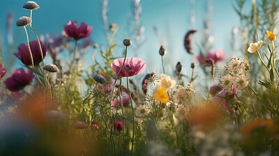 Buy stock photo Blossom, spring and field of flowers in nature for environment, sustainability and growth. Floral, closeup and meadows with summer plants in countryside for ai generated, paradise and scenery