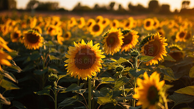 Buy stock photo Sunflower, spring and field of flowers in nature for environment, sustainability and growth. Floral, closeup and meadows with summer plants in countryside for ai generated, paradise and scenery