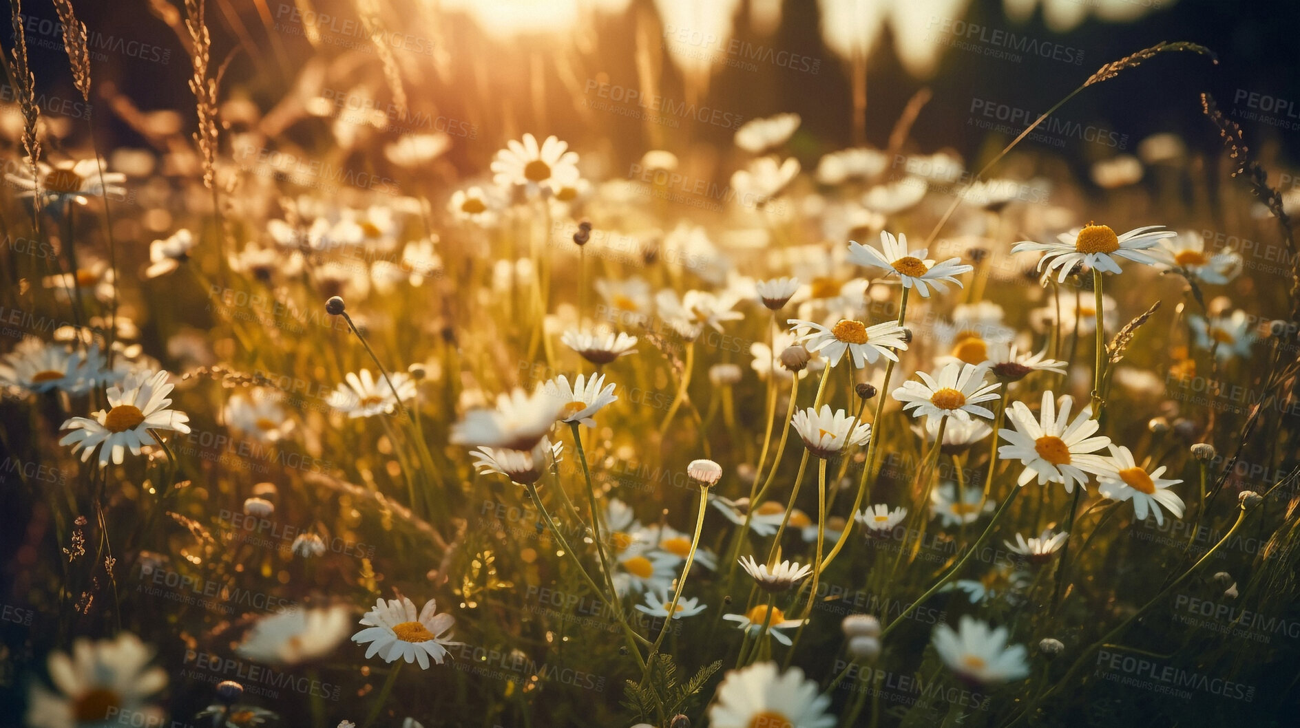 Buy stock photo Meadow, closeup and field of flowers in nature for environment, sustainability and growth. Floral, spring and blossom with summer plants in countryside for ai generated, paradise and scenery
