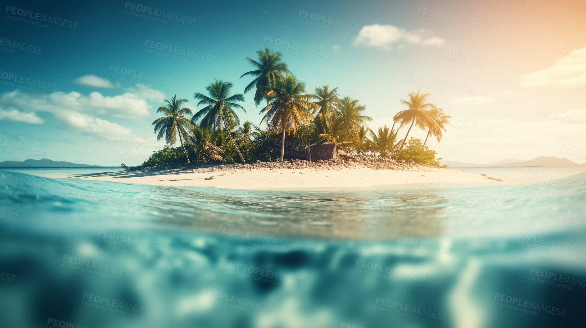 Buy stock photo Tropical, summer and island with beach and nature for travel, vacation or palm trees. Ai generated, adventure and holiday with waves on coastline and bay for Caribbean, seaside destination or freedom