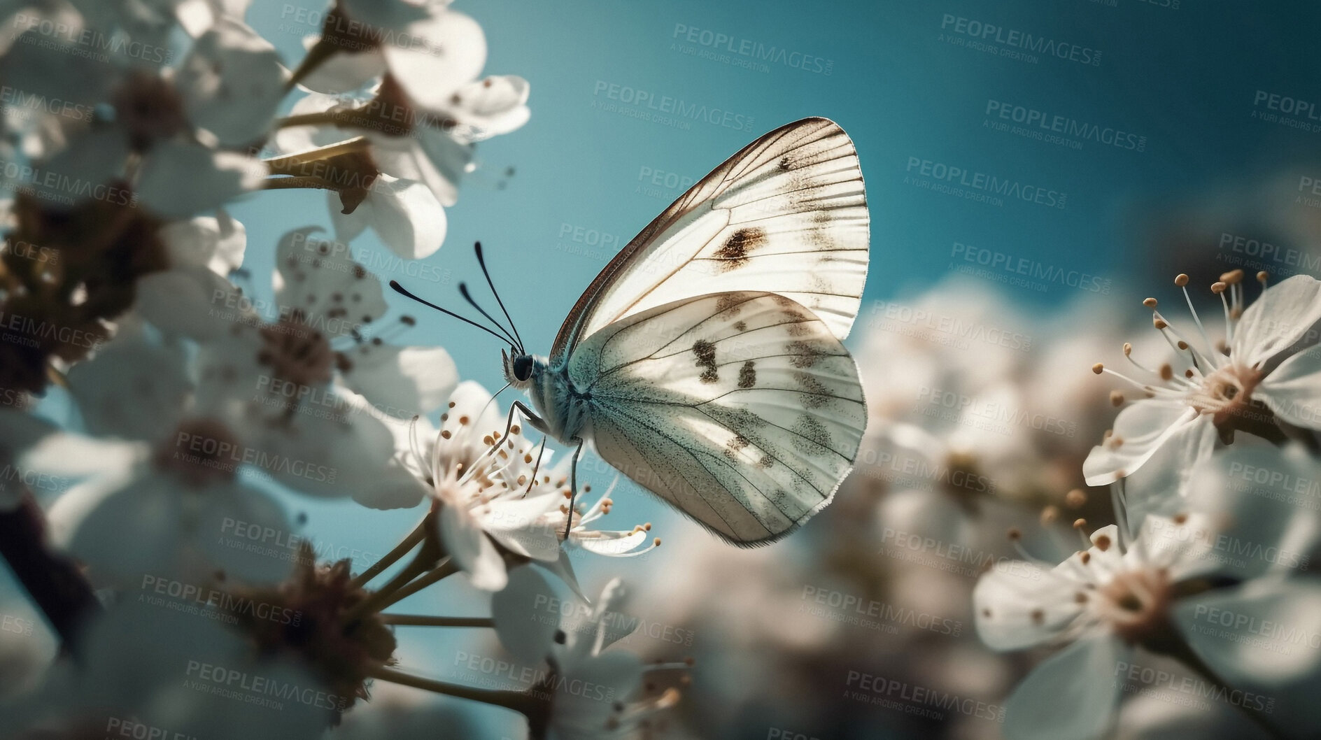 Buy stock photo Butterfly, summer and field of flowers in nature for environment, sustainability and blossom. Floral, spring and meadows with closeup of insect in countryside for ai generated, paradise and scenery