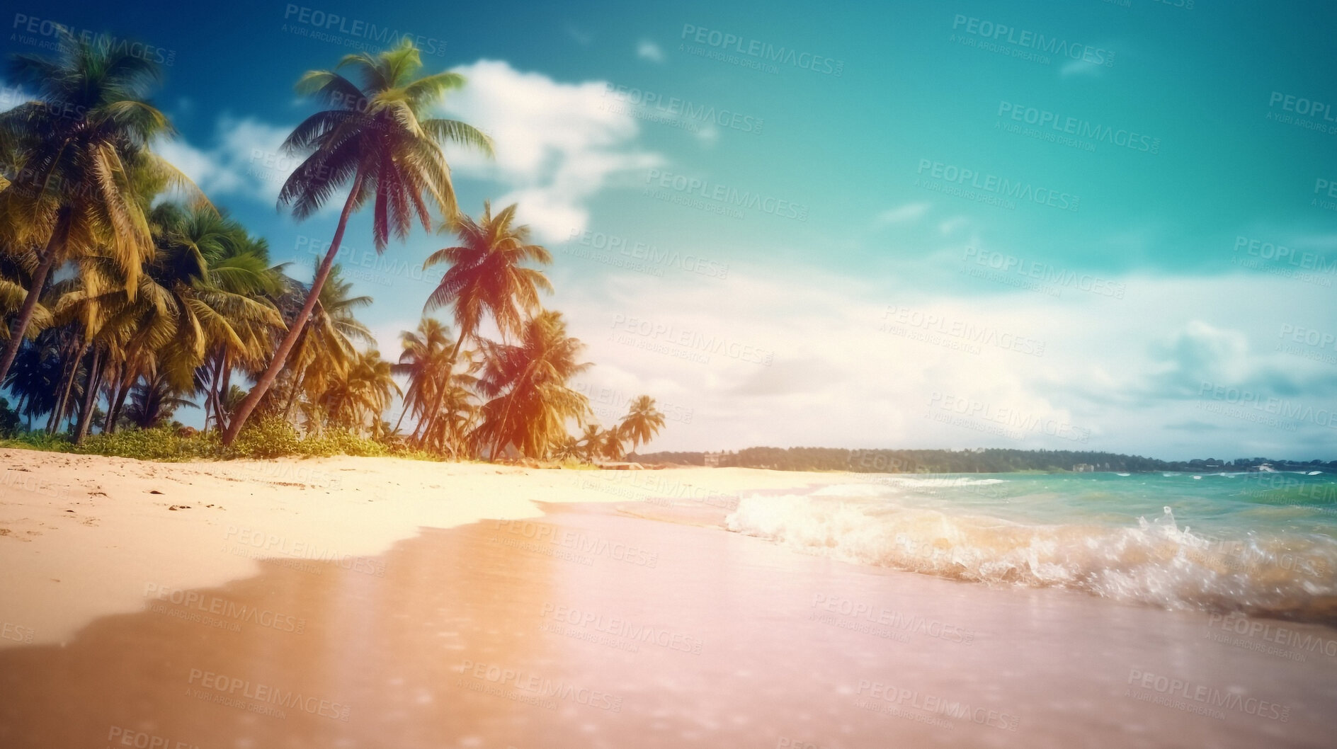 Buy stock photo Tropical, palm tree and island with beach and nature for travel, vacation and summer. Ai generated, adventure and holiday with waves on coastline and bay for Caribbean, seaside destination or freedom