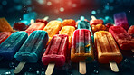 Food, dessert and nutrition with popsicle on background for fruits, wellness and diet. Ai generated, gelato and snack with confectionery sorbet on flat lay for eating, health and summer