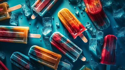 Buy stock photo Fruit, dessert and nutrition with popsicle on background for food, wellness and diet. Ai generated, gelato and snack with confectionery sorbet on flat lay for eating, health and summer