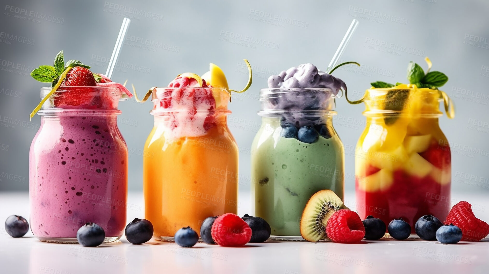 Buy stock photo Food, diet and nutrition with smoothies on background for dessert, wellness and fruits. Ai generated, breakfast and snack with cocktail on table for drinking, health and summer milkshake