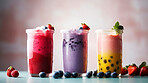 Food, fruits and nutrition with smoothies on background for dessert, wellness and diet. Ai generated, breakfast and snack with cocktail on table for drinking, health and summer milkshake