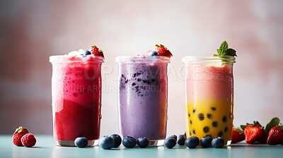 Buy stock photo Food, fruits and nutrition with smoothies on background for dessert, wellness and diet. Ai generated, breakfast and snack with cocktail on table for drinking, health and summer milkshake