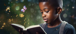 Fantasy, book and education with black kid and reading for fairytale, imagination and learning. Ai generated, inspiration and banner with young boy and study for magical, night and child development