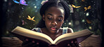 Fantasy, book and learning with black kid and reading for fairytale, imagination and education. Ai generated, inspiration and banner with young girl and study for magical, night and child development