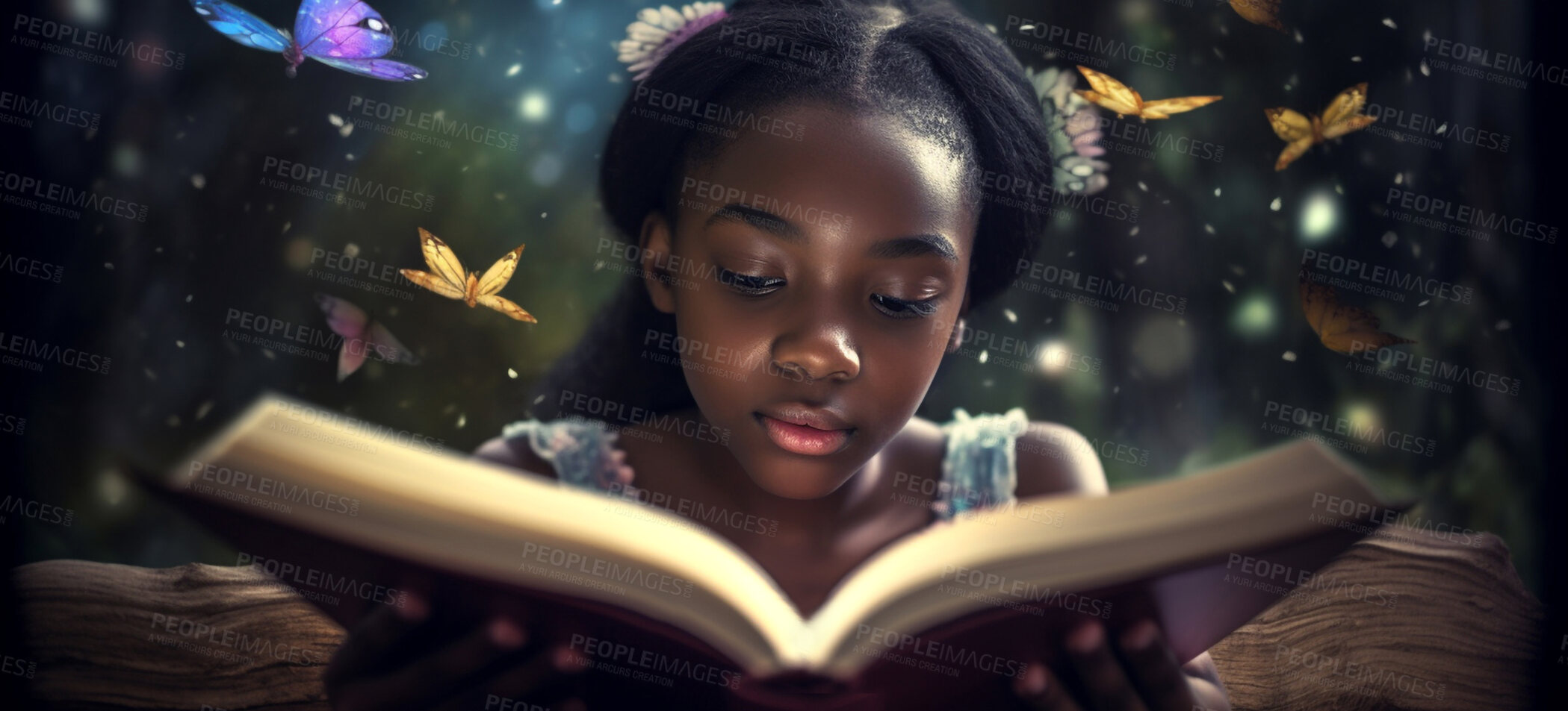 Buy stock photo Fantasy, book and learning with black kid and reading for fairytale, imagination and education. Ai generated, inspiration and banner with young girl and study for magical, night and child development