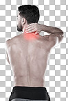 Fitness, hand or sports man with neck pain after exercise, body