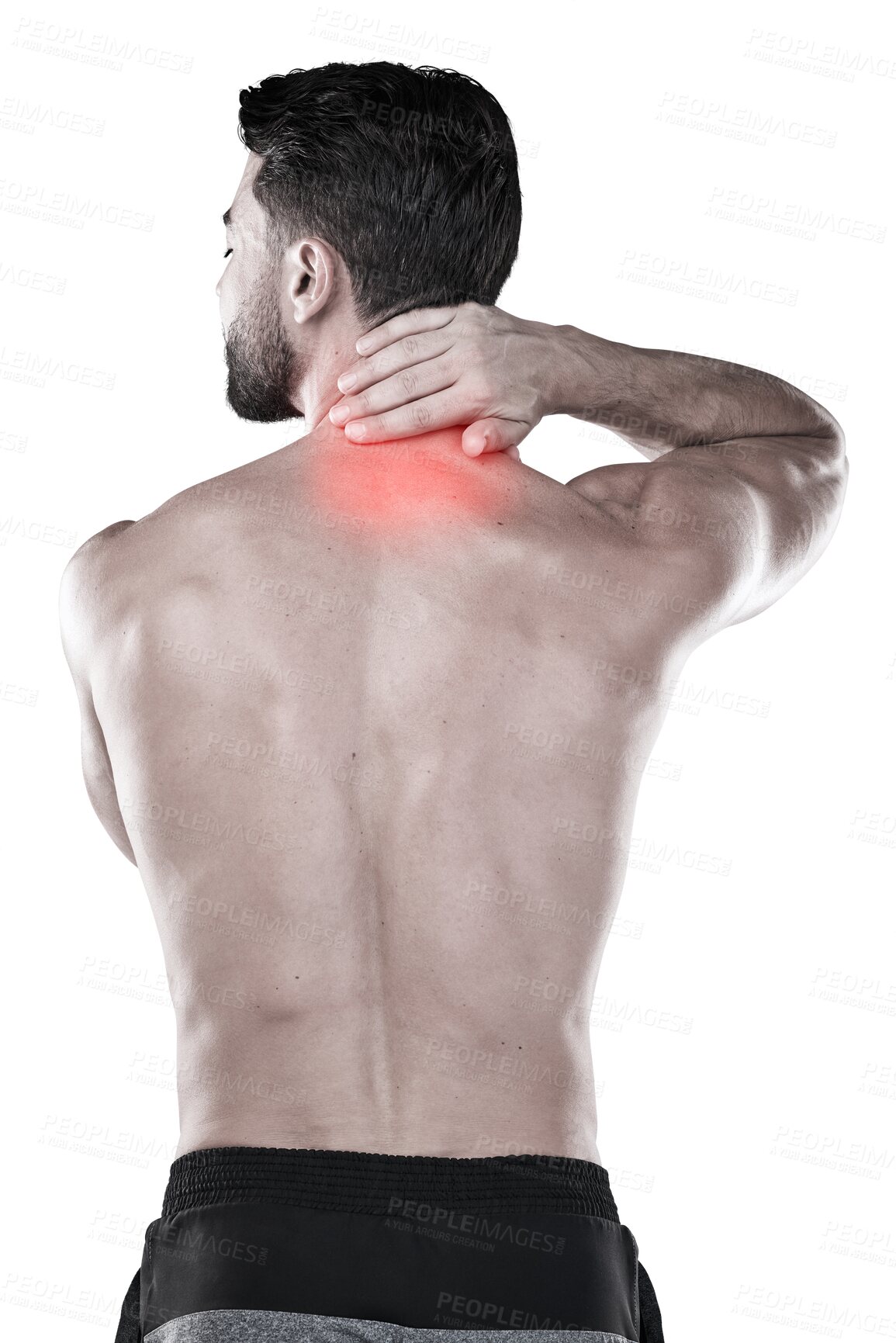 Buy stock photo Injury, back or neck pain of sports man after exercise with body, anatomy or muscle strain. Red glow, health problem or shirtless male with stress and burnout isolated on transparent, png background