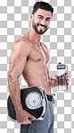 Fitness, portrait or man with weight scale or water bottle in st