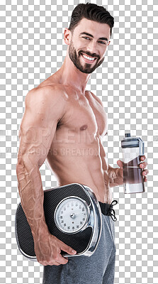 Buy stock photo Fitness, portrait and man with weight scale, water bottle and smile isolated against a transparent background. Healthy model, energy and sports athlete with png, wellness and body goals with progress