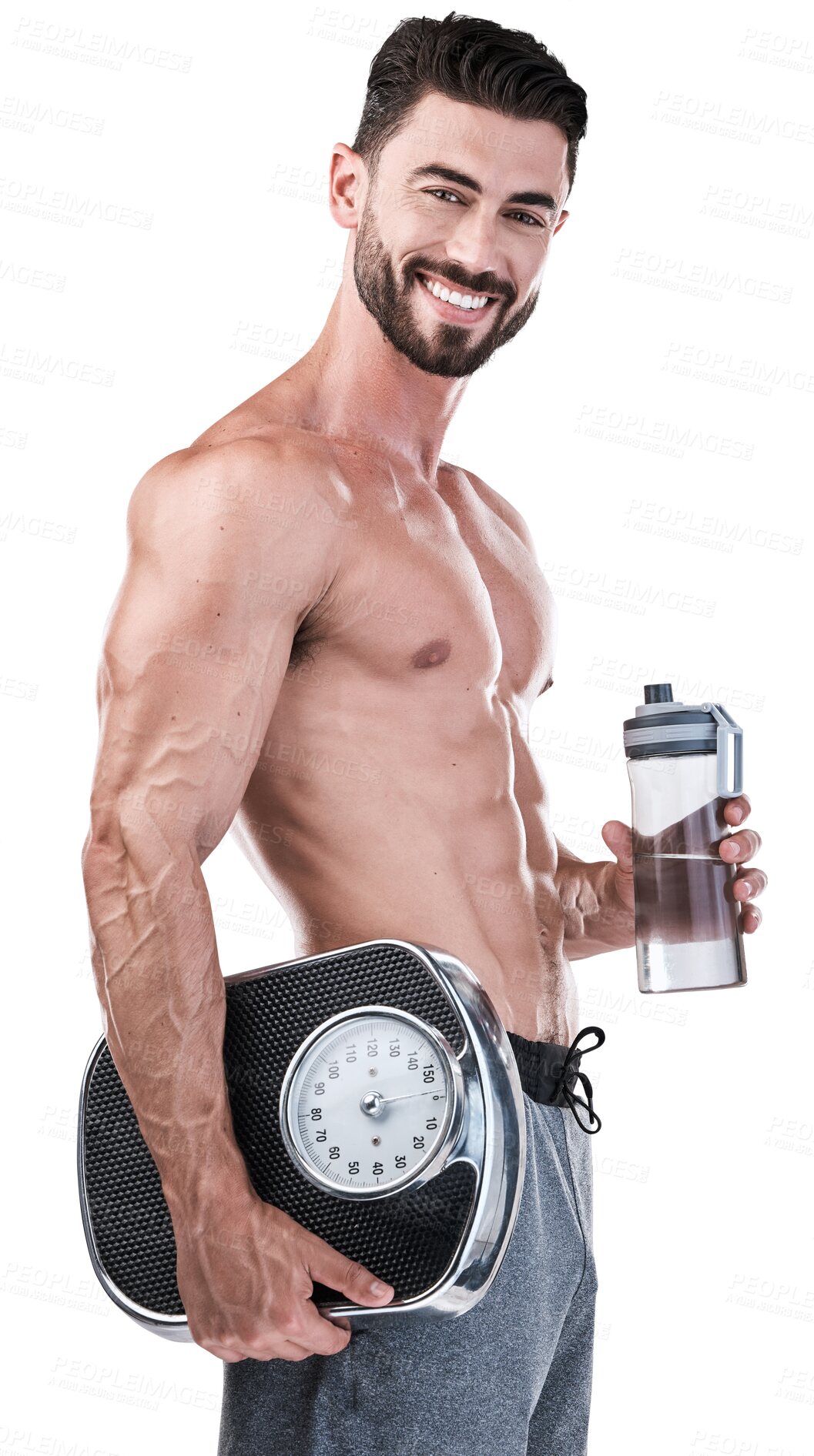 Buy stock photo Fitness, portrait and man with weight scale, water bottle and smile isolated against a transparent background. Healthy model, energy and sports athlete with png, wellness and body goals with progress