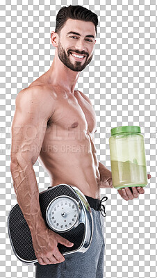 Buy stock photo Man in portrait with protein shake, scale and fitness, body and weight loss for muscle on png transparent background. Diet, gym and training, male athlete and powder for sport, exercise and nutrition