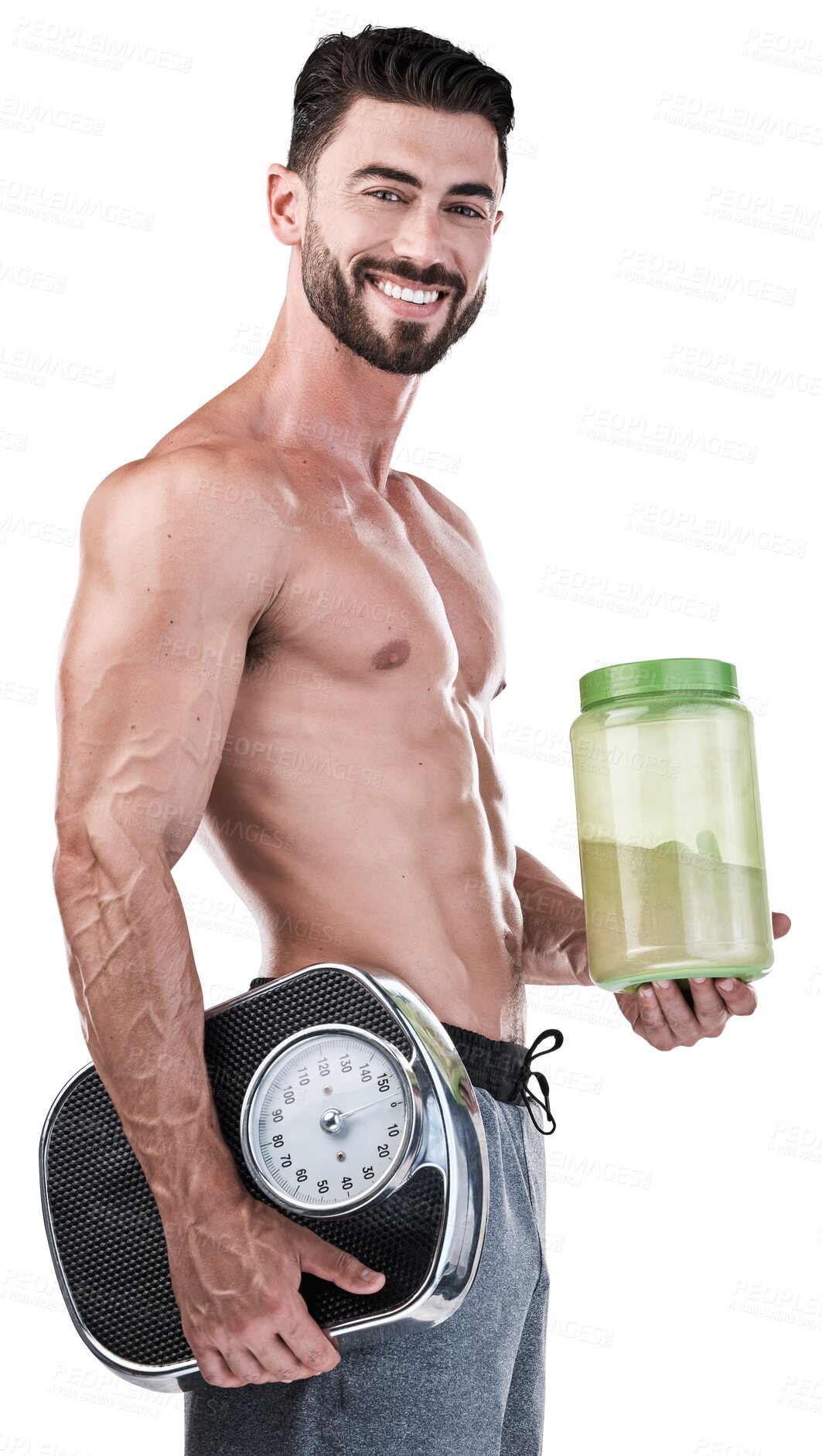 Buy stock photo Man in portrait with protein shake, scale and fitness, body and weight loss for muscle on png transparent background. Diet, gym and training, male athlete and powder for sport, exercise and nutrition