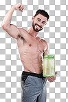 Protein shake, fitness and health with portrait of man for worko