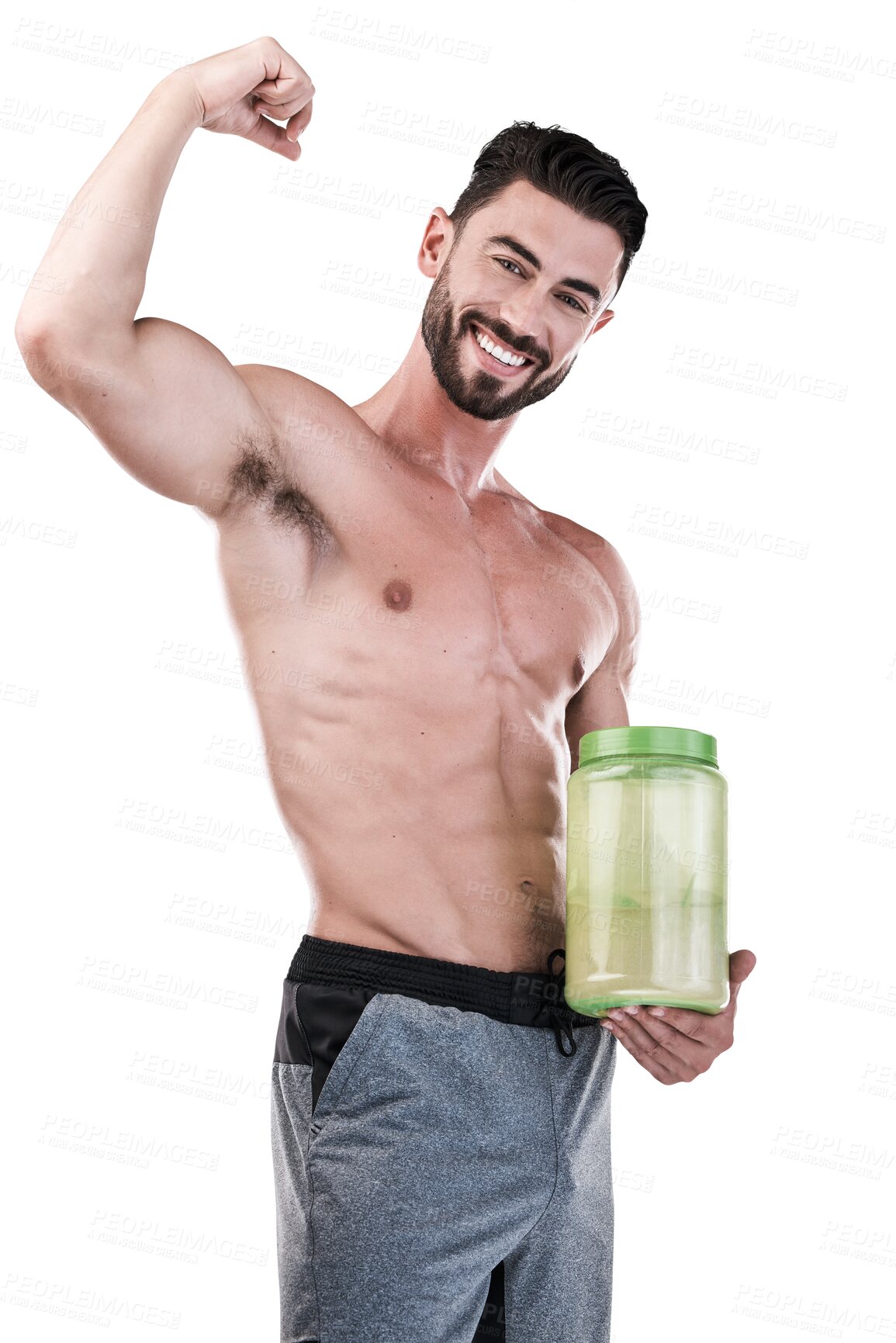 Buy stock photo Protein shake, fitness portrait and man in workout, muscle and bodybuilder diet, gym and training. Athlete person, energy drink and sports or exercise nutrition isolated on transparent png background