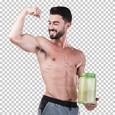 Shirtless young man drinking protein shake in gym Photograph by