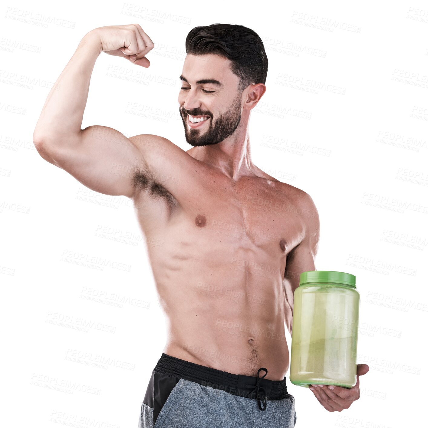 Buy stock photo Protein shake, fitness and muscle of man for workout, health and bodybuilder. Diet, gym and training with athlete and powder for sports, exercise and nutrition isolated on transparent png background