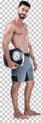 Buy stock photo Portrait, fitness or man with a weight scale, body or exercise isolated against a transparent background. Png, male person or bodybuilder with goals, progress or workout goals with wellness or health