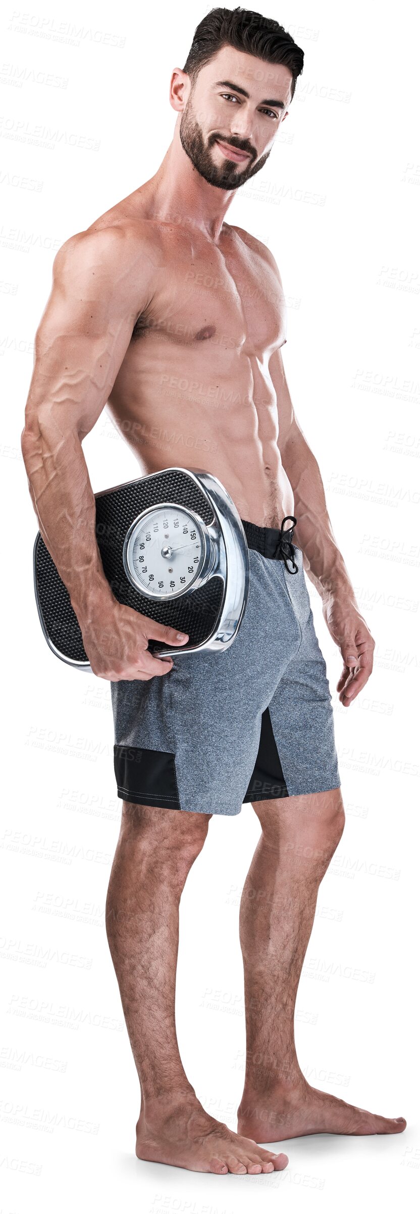 Buy stock photo Portrait, fitness or man with a weight scale, body or exercise isolated against a transparent background. Png, male person or bodybuilder with goals, progress or workout goals with wellness or health